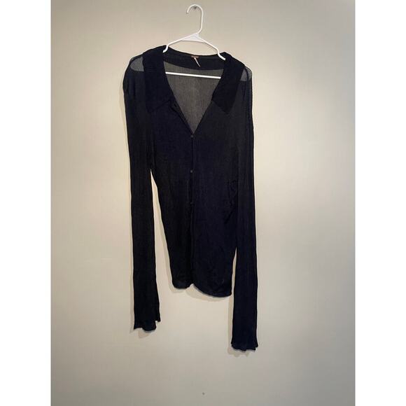 Free People Black Sheer‎ Ribbed Slinky Button Down Long Sleeve Top - Picture 1 of 12